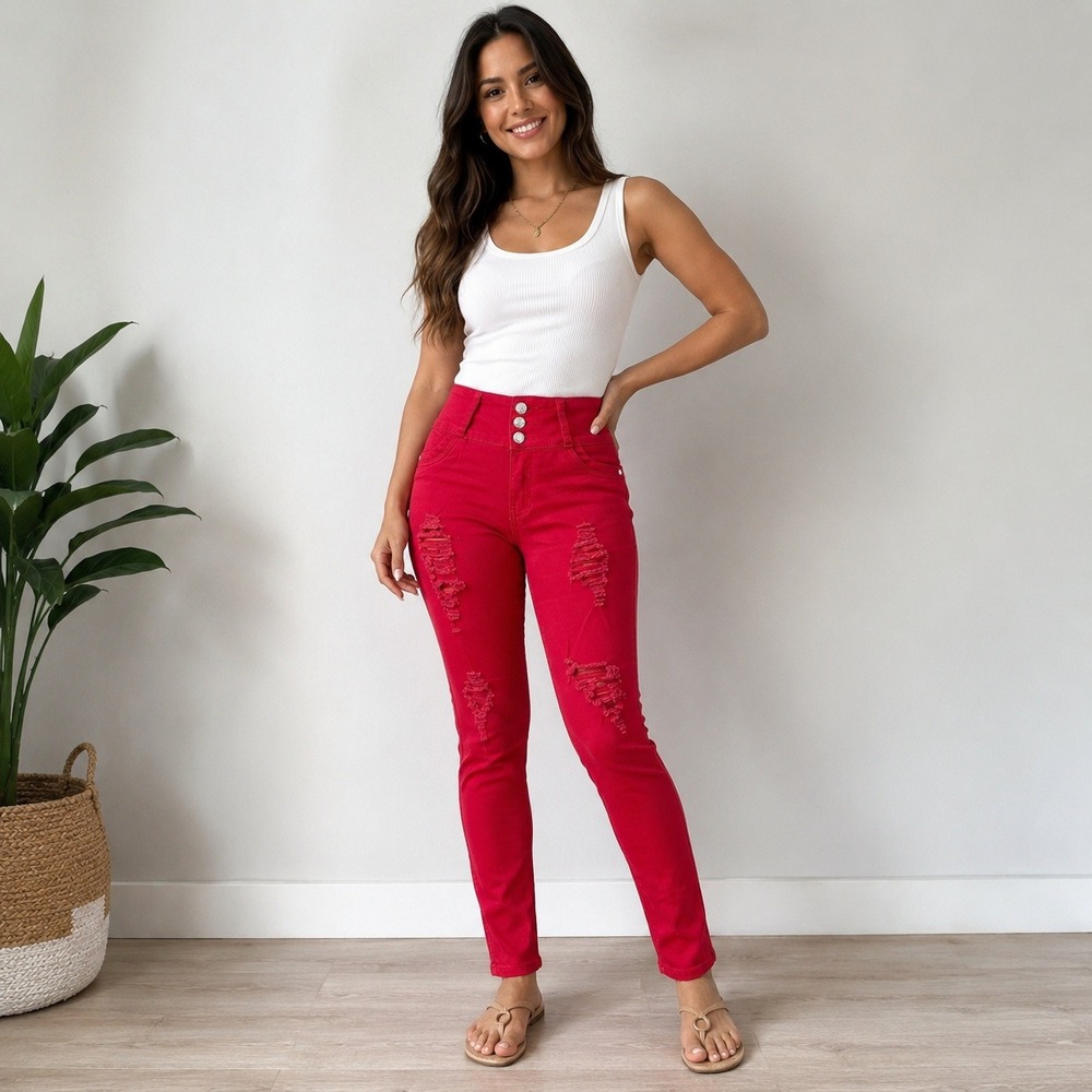 Silver Diva Red Distressed High Waisted Skinny Jeans Rhinestone Pockets Size 9